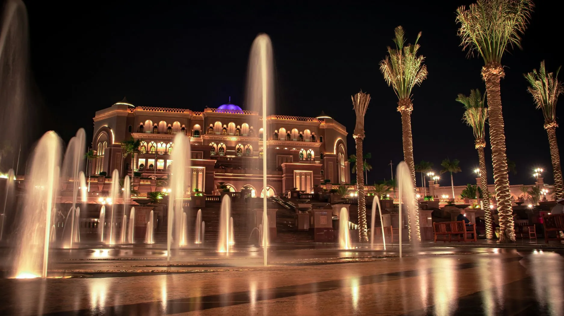 Fountaines illuminées et palmiers sous un ciel nocturne, créant une ambiance magique et accueillante à Abu Dhabi.