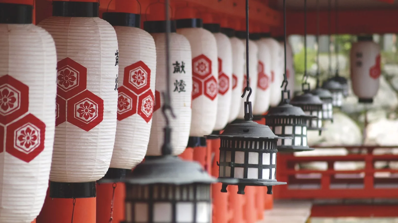 Lanternes japonaises dans un sanctuaire traditionnel, attraction culturelle à visiter au Japon