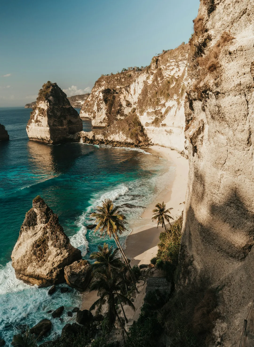 Plage de nusa penida en Indonésie idyllique bordée de palmiers et de falaises majestueuses, paysage envoûtant au bord de l'océan.