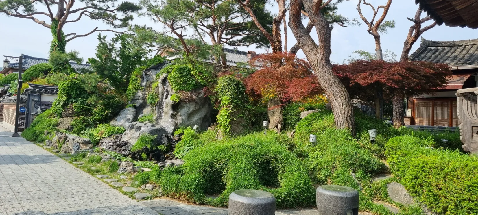 Jardin paisible avec des rochers et des arbres colorés, typique de la culture asiatique.