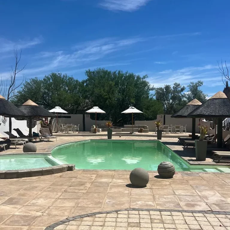 Espace de détente avec piscine illuminée, entouré de parasols et de verdure, parfait pour un séjour paisible.