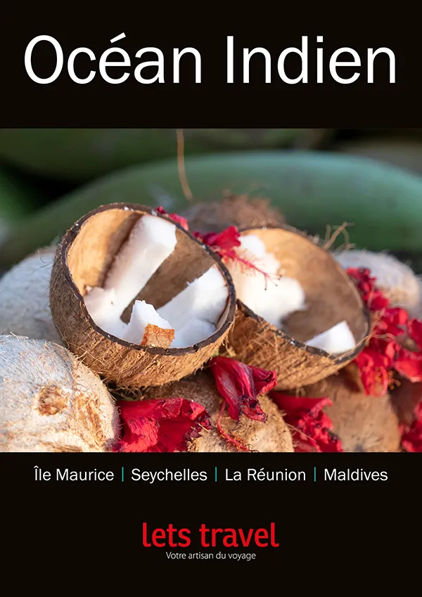 Noix de coco et fleurs colorées — une scène tropicale envoûtante de l'Océan Indien.