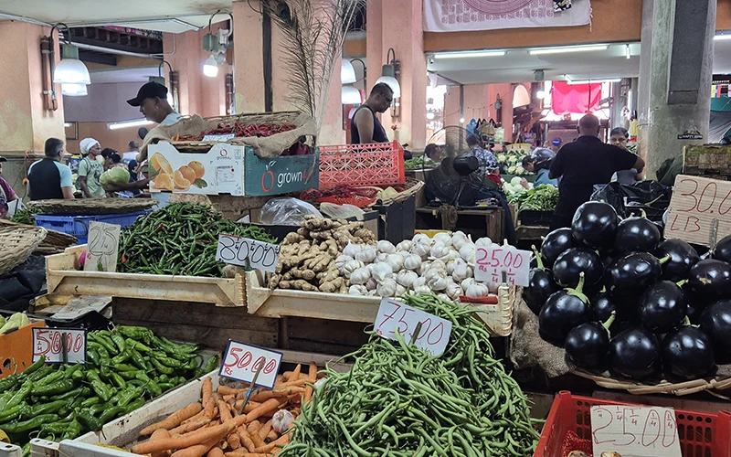 Marché animé — étals colorés de légumes frais dans une ambiance conviviale et chaleureuse.