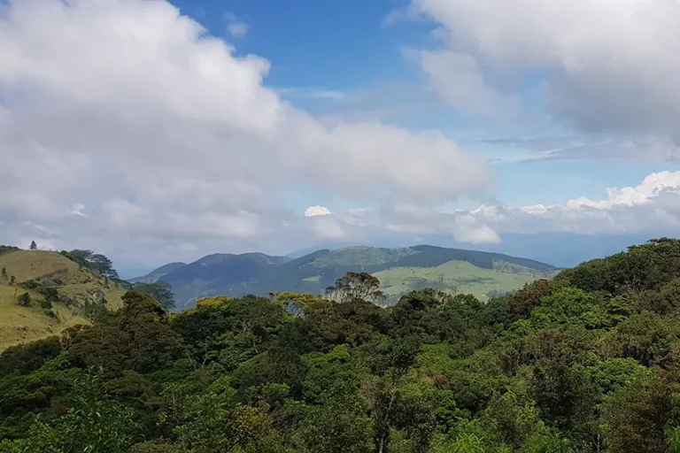 Paysage verdoyant et montagneux, avec des nuages flottants et une nature luxuriante.