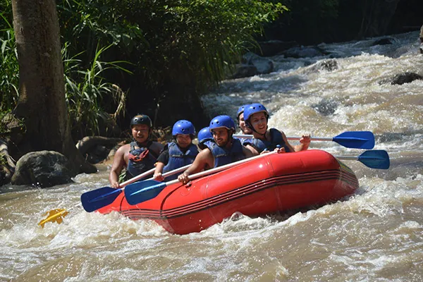 Descente en rafting dans une rivière sauvage, entourée d'une végétation luxuriante.