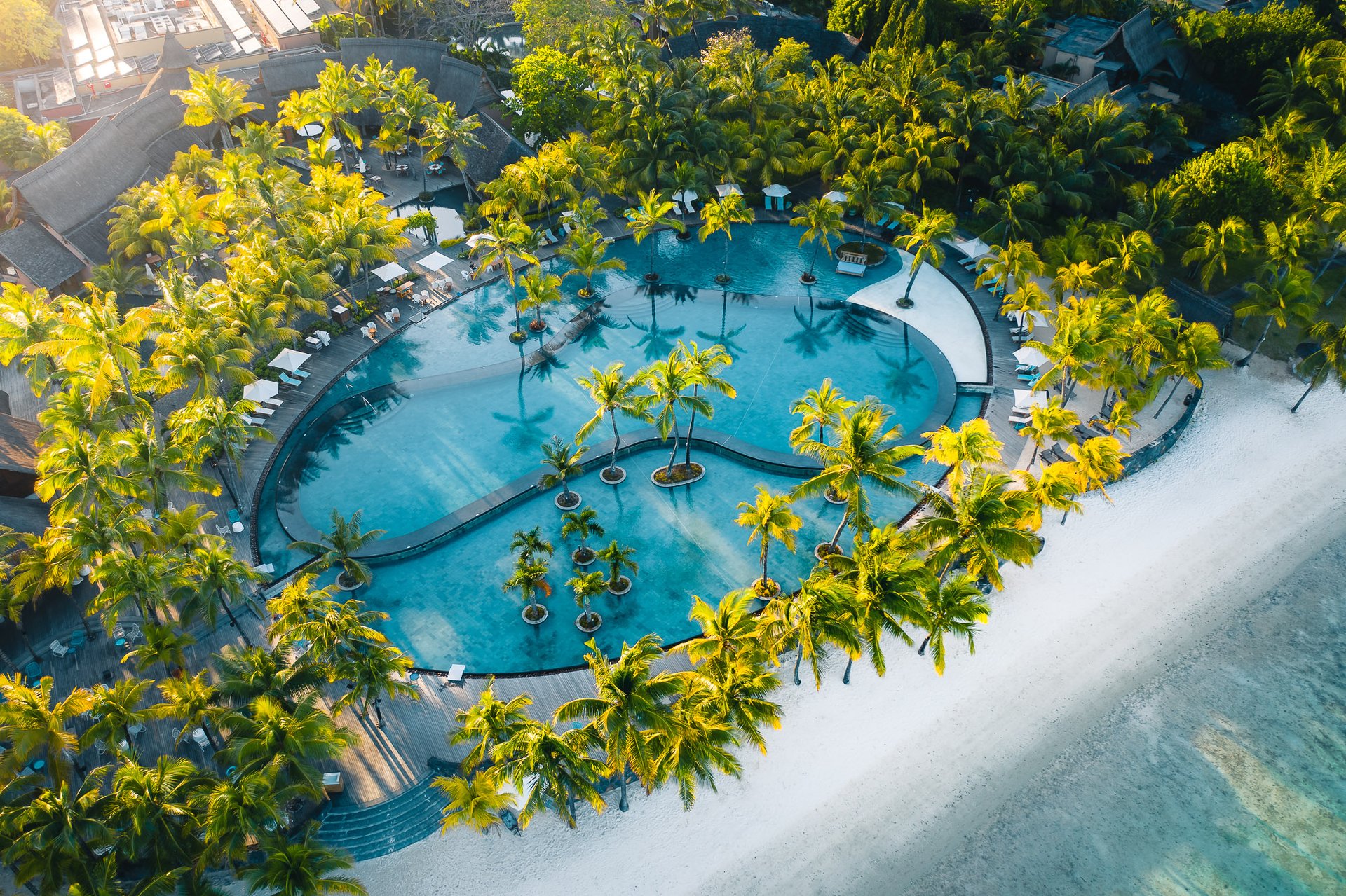 Complexe hôtelier le Trou aux Biches à l'île maurice— piscine entourée de palmiers et de sable fin, offrant une ambiance apaisante.