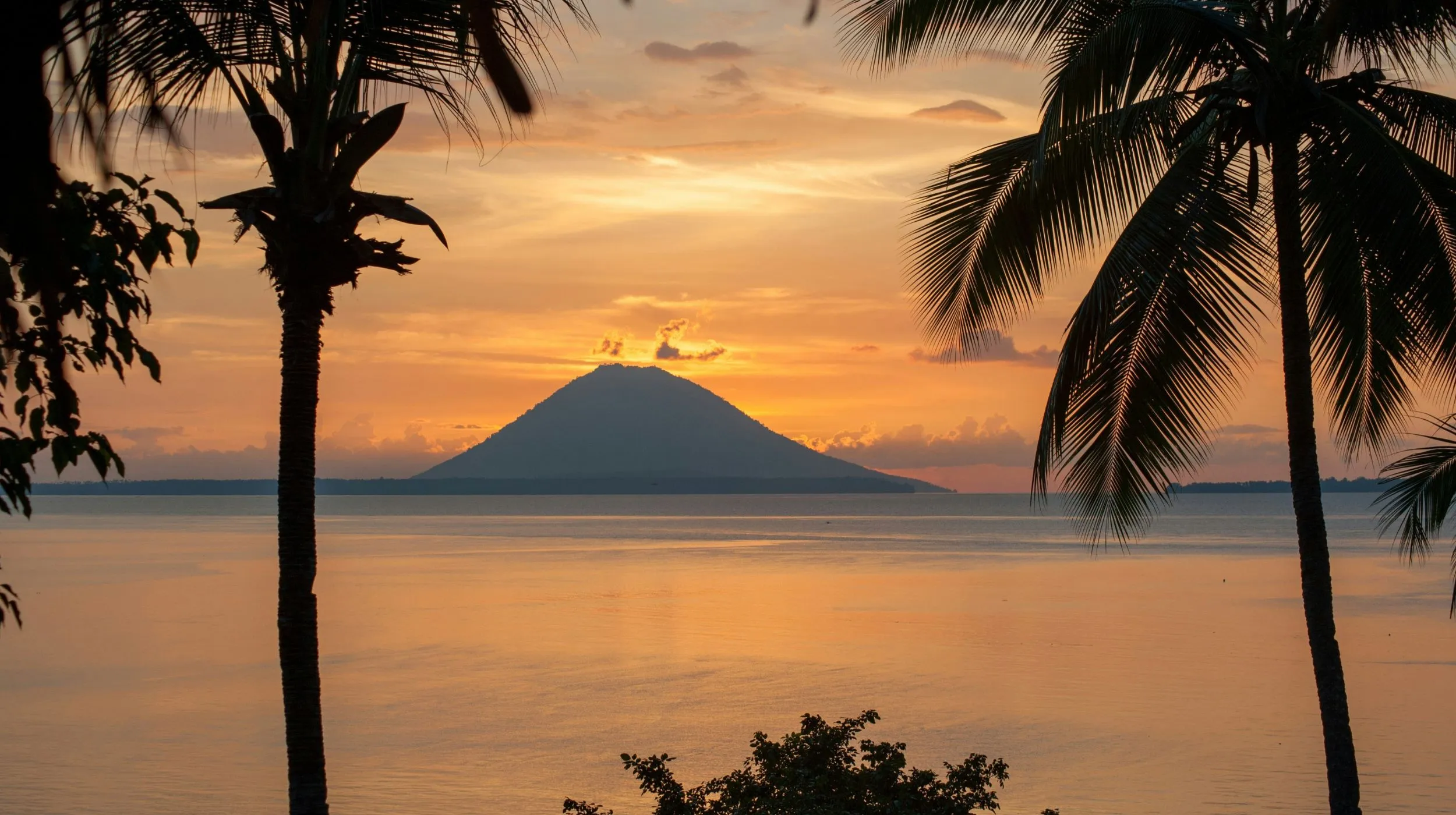Coucher de soleil à Sulawesi sur une mer paisible, avec un volcan en arrière-plan et des palmiers en silhouette.