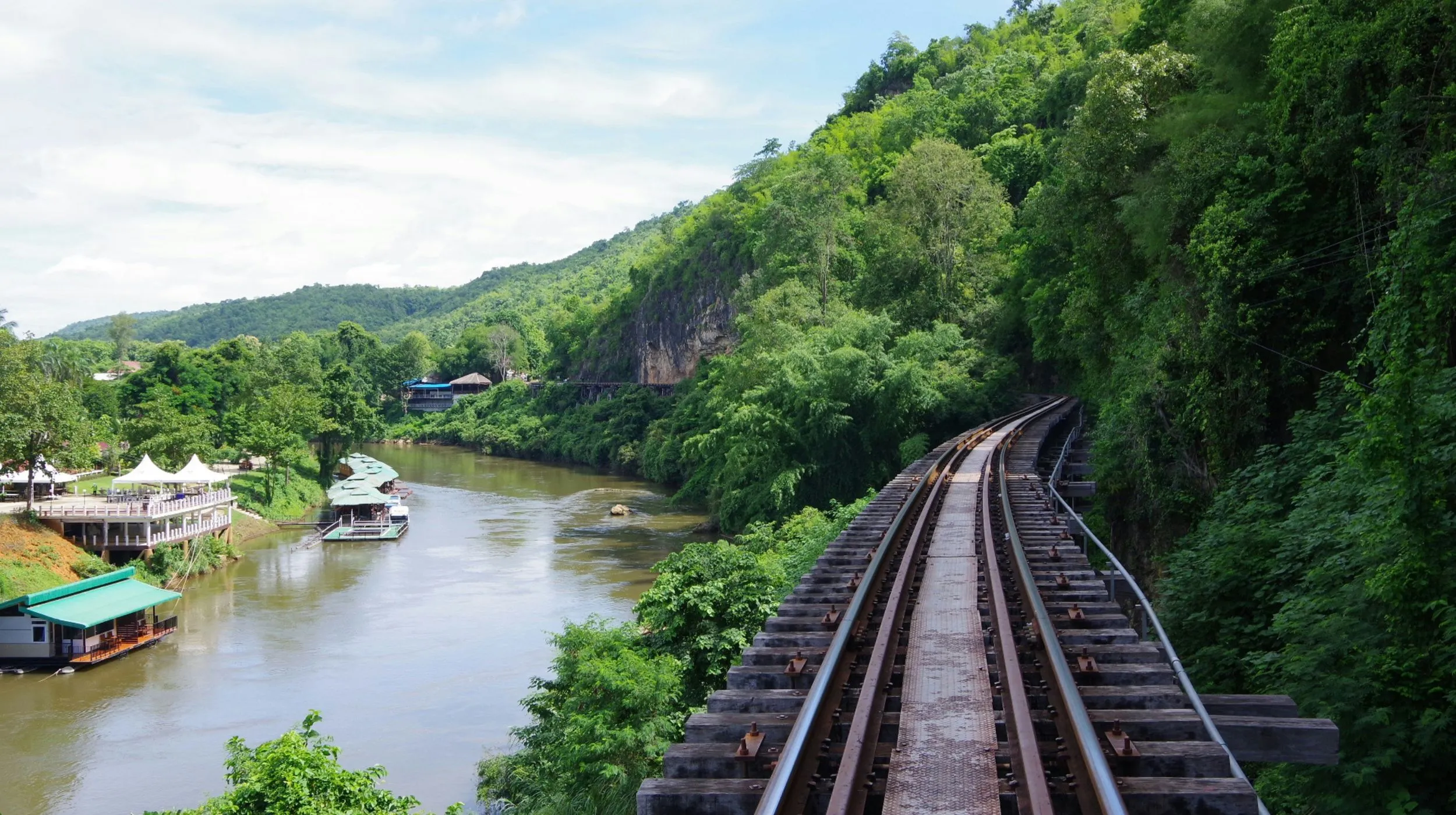 Chemins de fer pittoresques longeant une rivière, entourés d'une végétation luxuriante et de collines verdoyantes en Thaïlande.