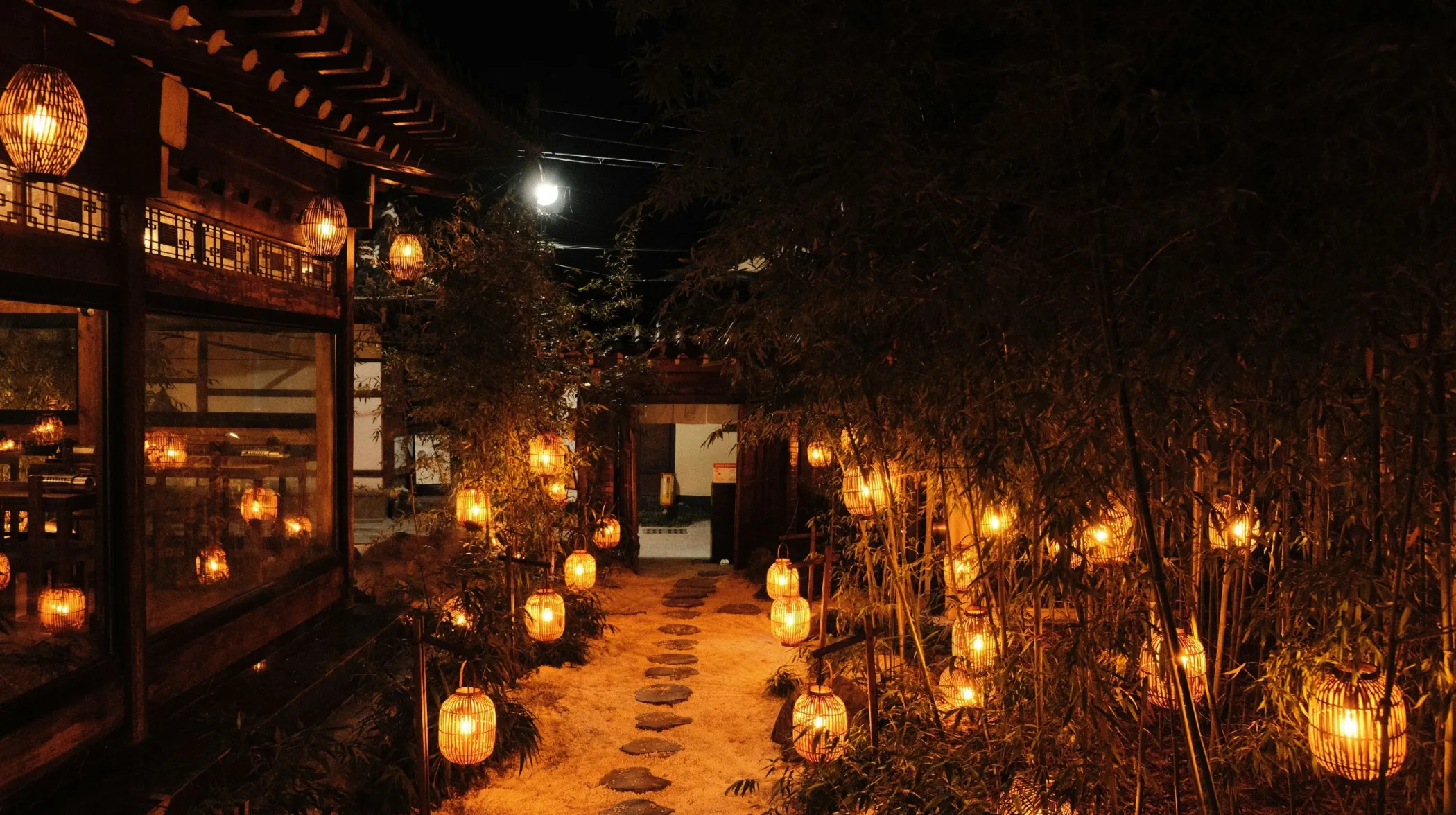 Allée illuminée par des lanternes, entourée de bambous, créant une ambiance envoûtante et paisible.