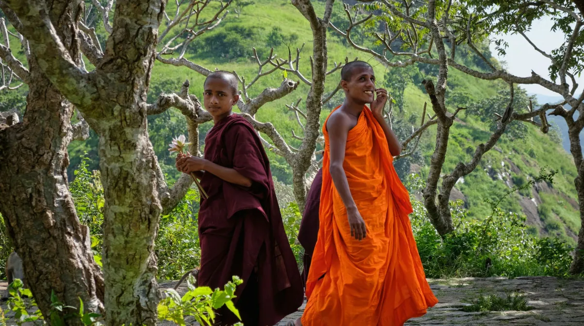 Deux moines en habits traditionnels marchent dans un cadre naturel luxuriant, évoquant la sérénité d'un lieu sacré.