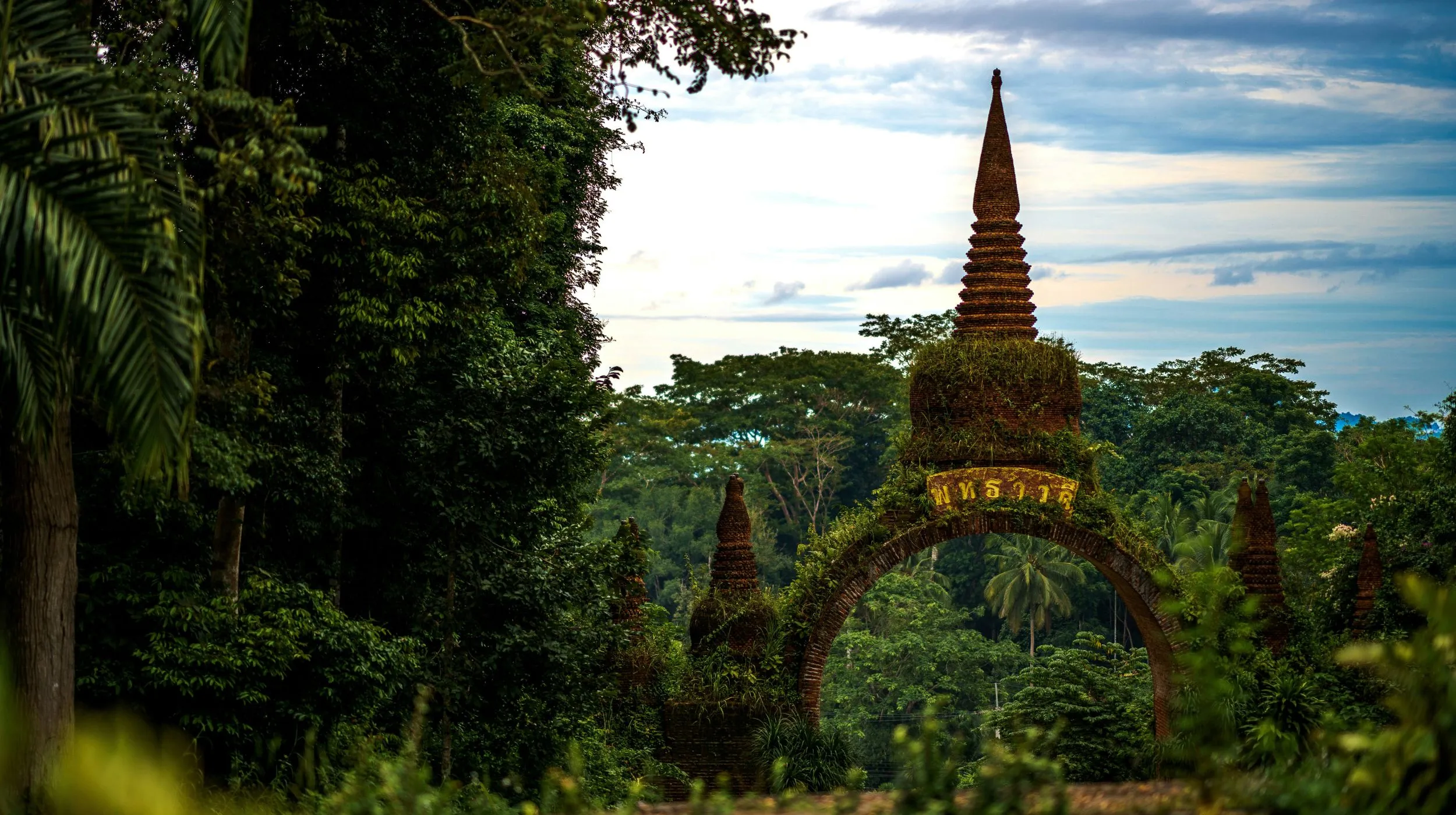 Arche majestueuse entourée de verdure luxuriante, évoquant une atmosphère envoûtante.