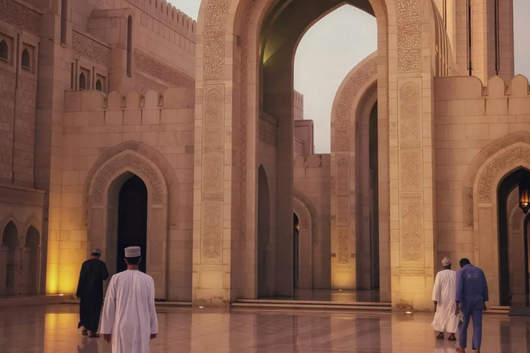 Entrée monumentale d’un édifice religieux à Oman, ornée d’arches sculptées en pierre claire, avec plusieurs hommes en tenue traditionnelle marchant dans la cour au crépuscule.