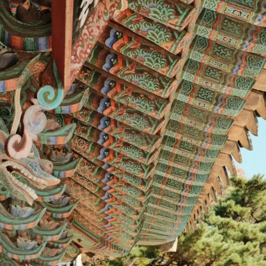 Détails architecturaux colorés d'un temple traditionnel en Asie, entouré d'une végétation luxuriante.