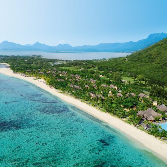Île Maurice — Plage idyllique bordée de palmiers et d'eaux turquoise, offrant une vue spectaculaire sur les montagnes.