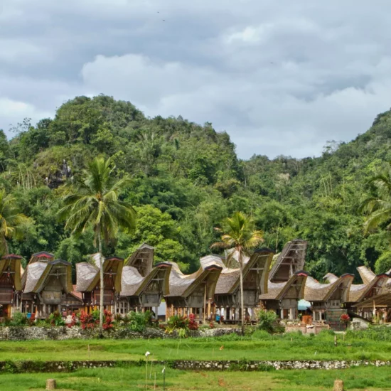 Village traditionnel entouré de verdure luxuriante, offrant un cadre paisible et enchanteur.