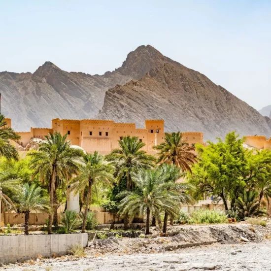 Fort d'Oman dans le désert avec des palmiers devant